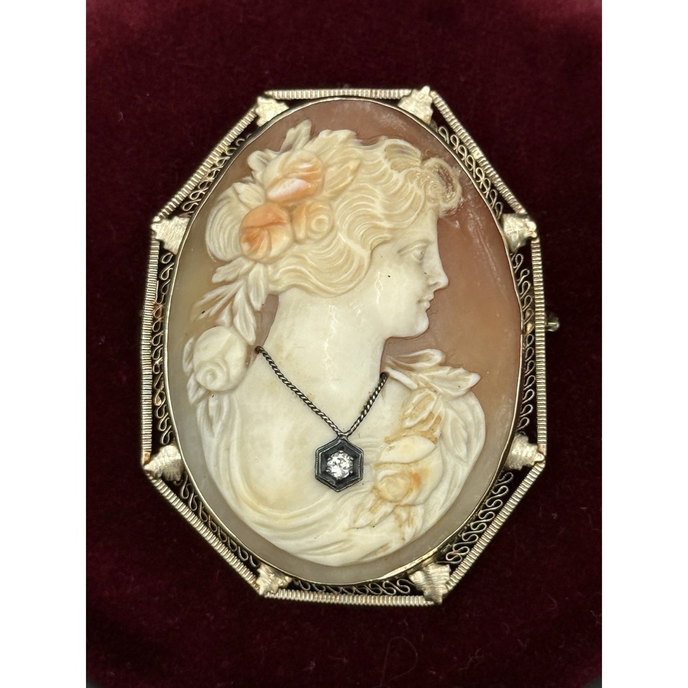 14K White Gold and Diamond Cameo Brooch/Pendant